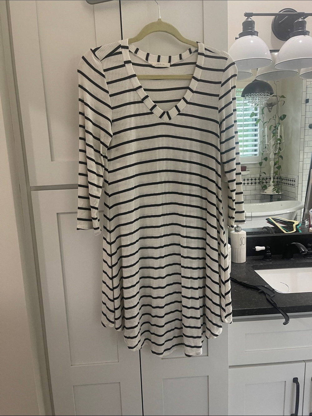entro Black and White Striped V-Neck Swing Dress